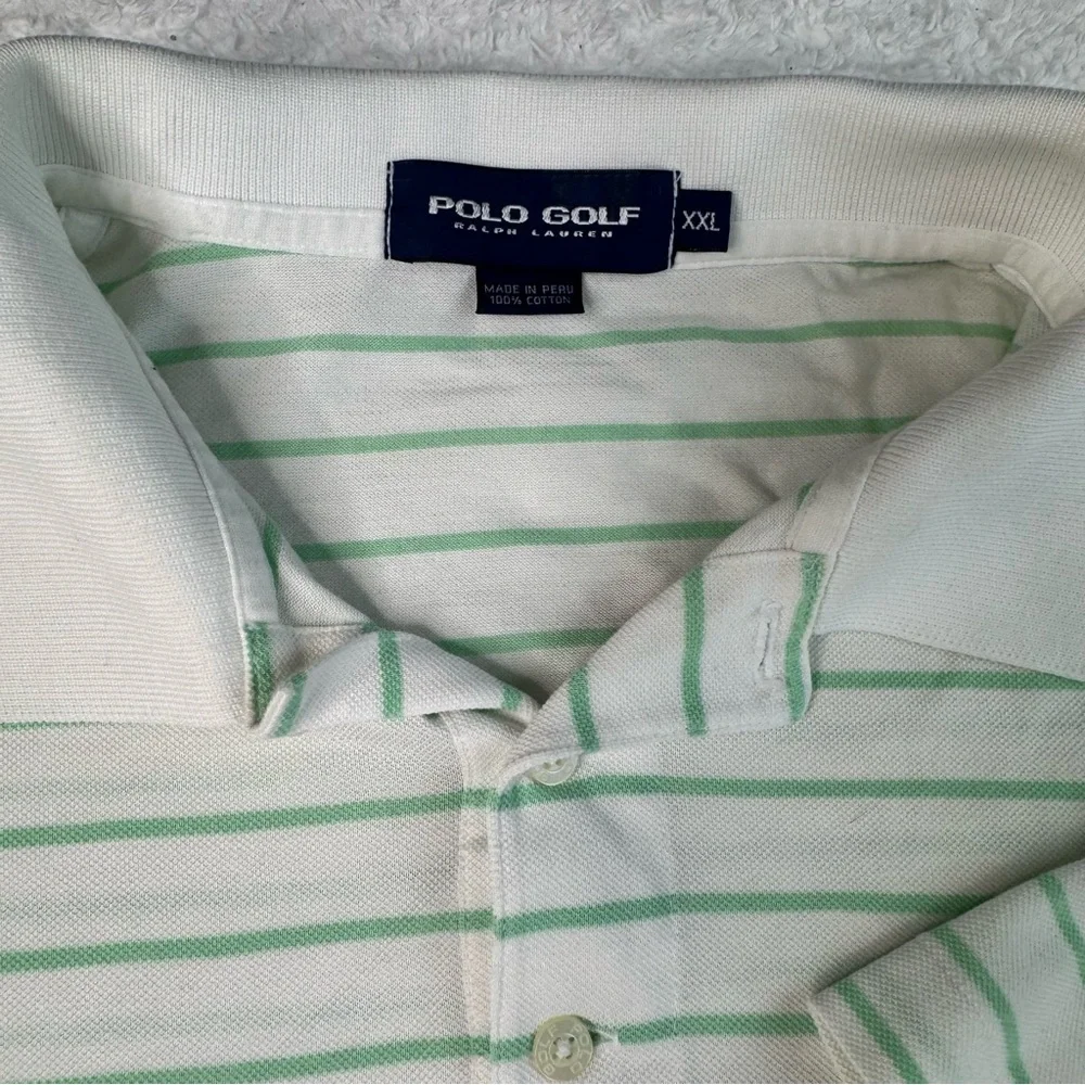 Polo Golf Shirt Mens Large Green White Striped 100% Prima Cotton Ralph Lauren‎